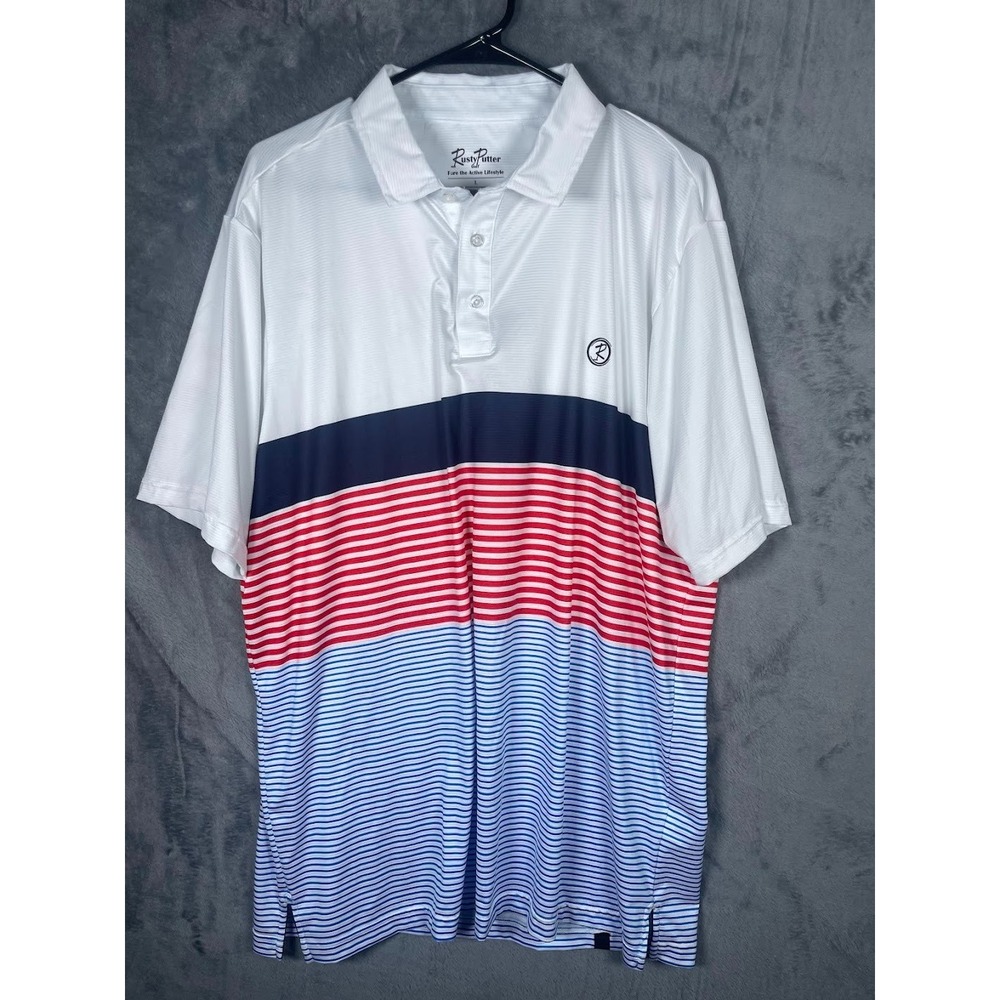 Rusty Putter Men's Baldwin Golf Polo Red White Blue Striped Size XL